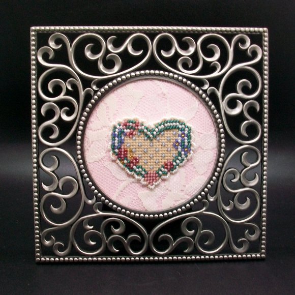 Framed Cross Stitch Beaded Heart on Vintage Lace - Picture 2 of 4